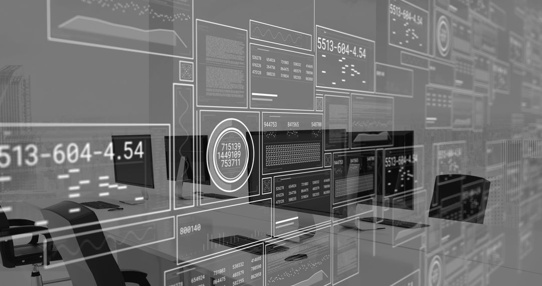 Futuristic Data Interface Overlay in Empty Office Setting