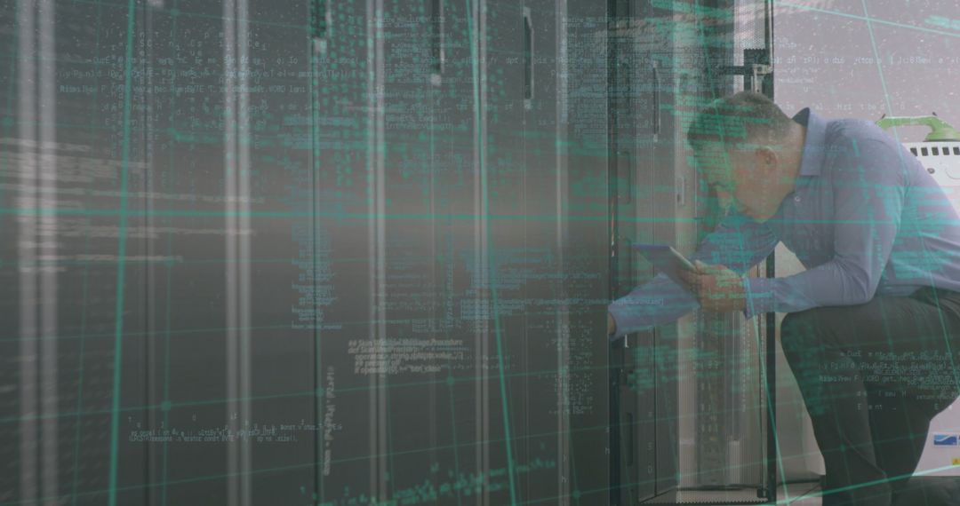 Tech Professional Analyzing Server in Data Center with Financial Overlay