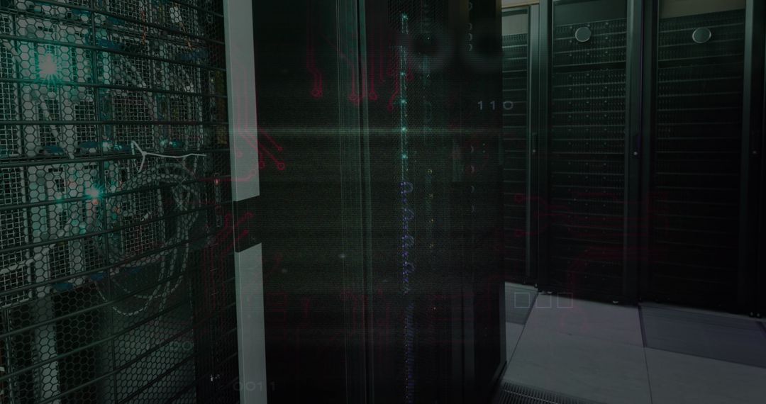 High-Tech Data Server Room with Digital Interface Overlay