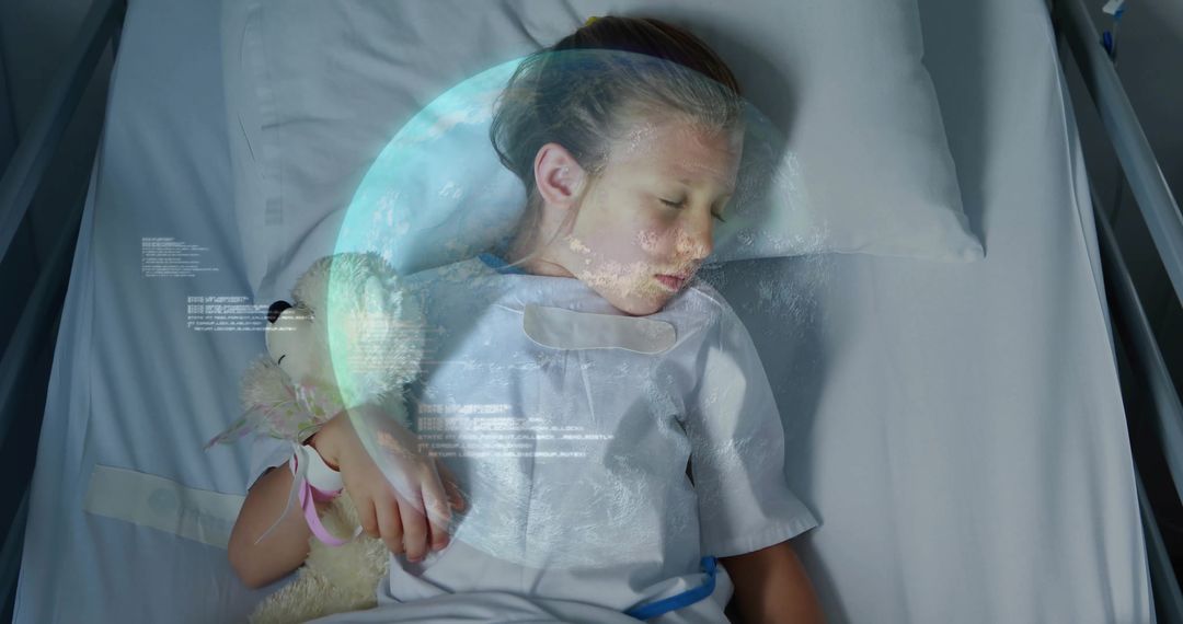 Child in Hospital Gown with Holographic Data Overlay