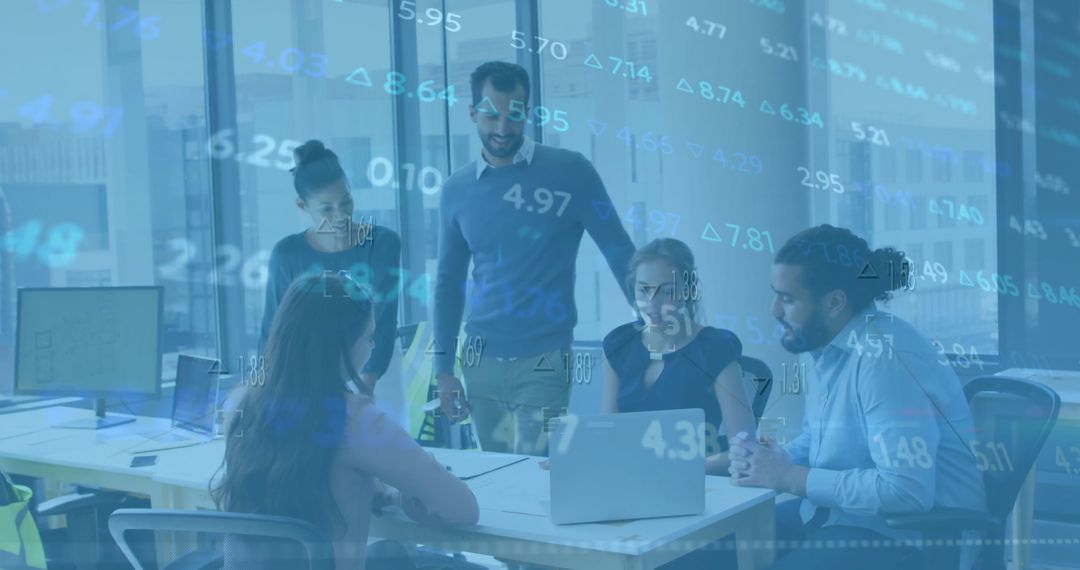 Financial Data Overlay on Office Meeting with Diverse Colleagues