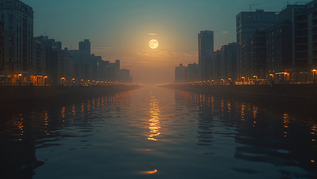 Serene Canal Under Full Moon with Reflective Waters and Elevator Freud
