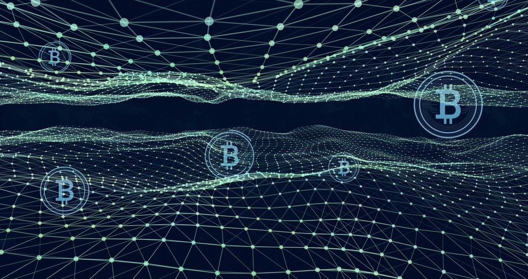 Blockchain Network and Digital Bitcoin Symbols