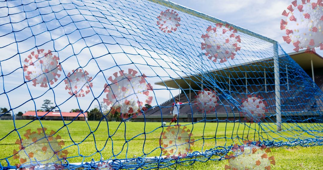 Coronavirus Cells Floating Over Soccer Goal at Empty Stadium