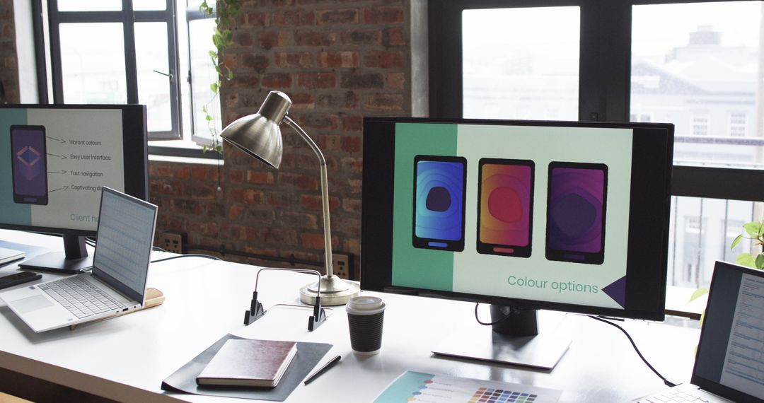 Modern Workspace with Graphic Design Presentation on Screens