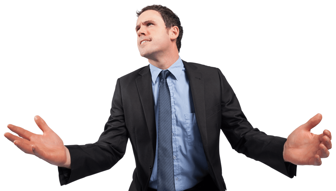 Frustrated Businessman Gesturing with Open Arms on Transparent Background