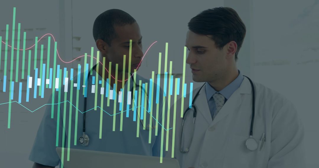 Doctors Collaborating with Data Overlays in Hospital Corridor