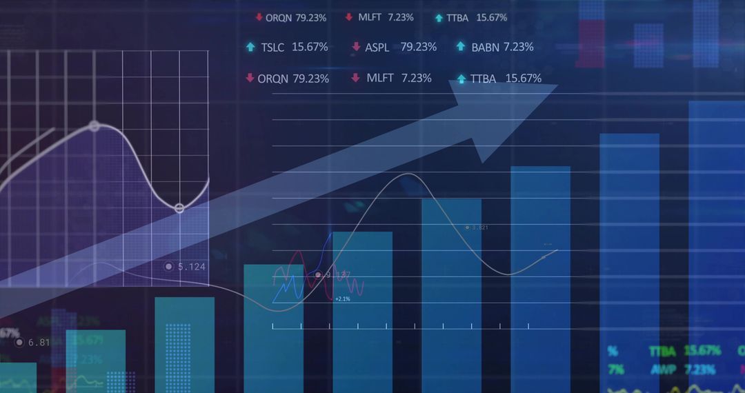 Translucent Upward Arrow Crossing Blue Bar Chart Showing Financial Growth and Data Trends