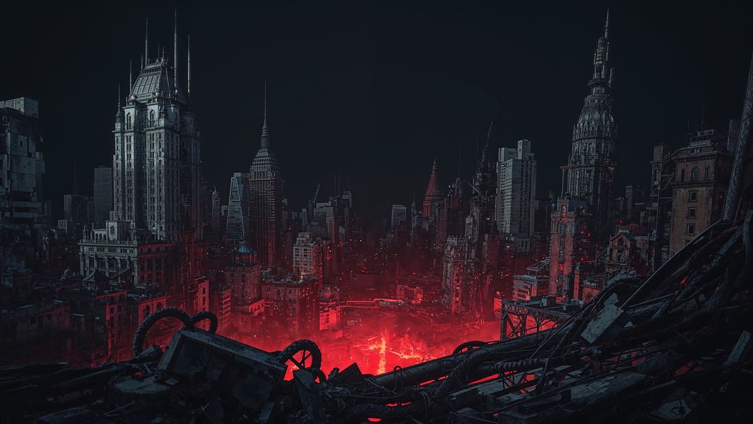 Futuristic Dystopian Cityscape With Glowing Red Chasm