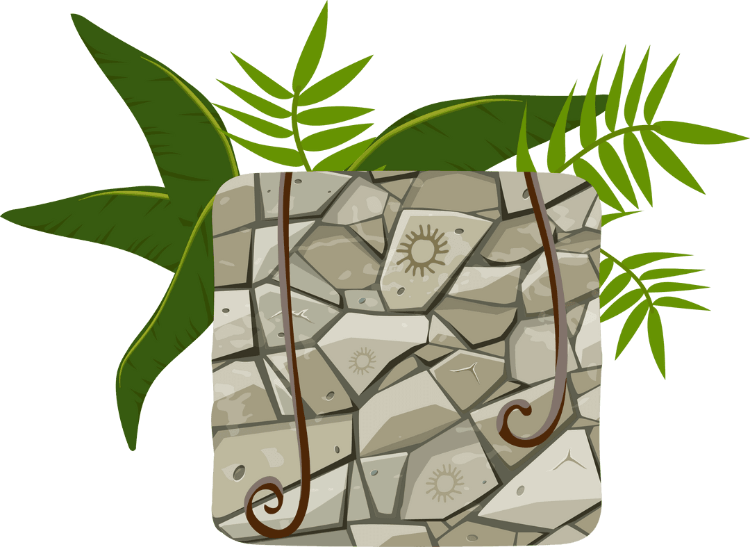 Transparent Ancient Stone Block with Sunburst and Fern Details