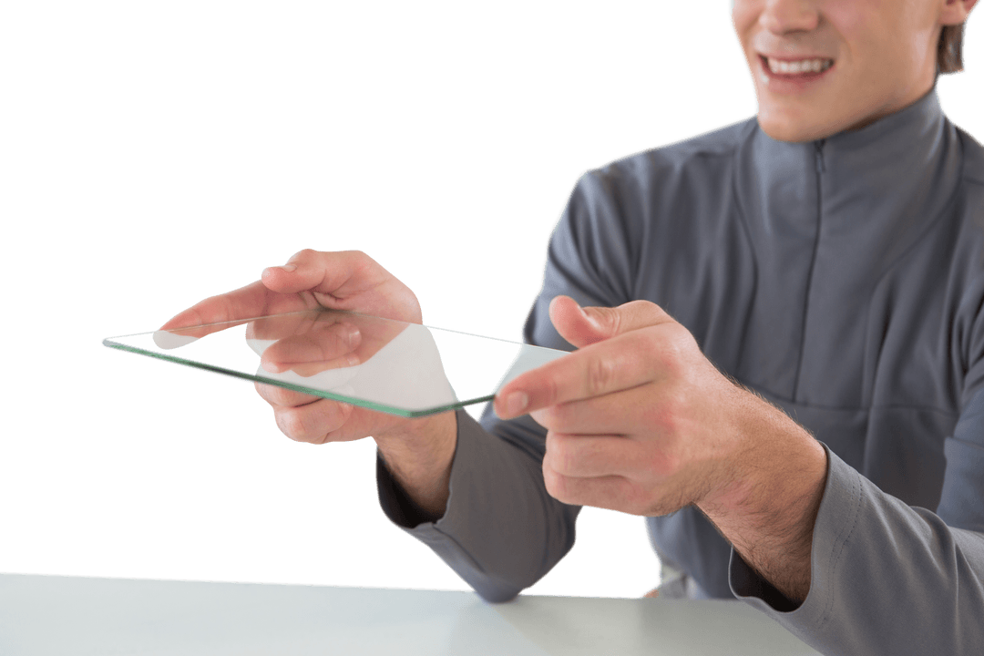 Smiling Businessman Demonstrating Transparent Glass Tablet