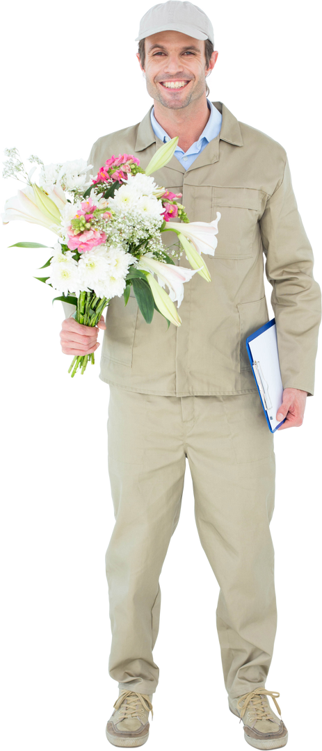 Happy Delivery Man Holding Bouquet and Clipboard on Transparent Background - Download Free Stock Images Pikwizard.com