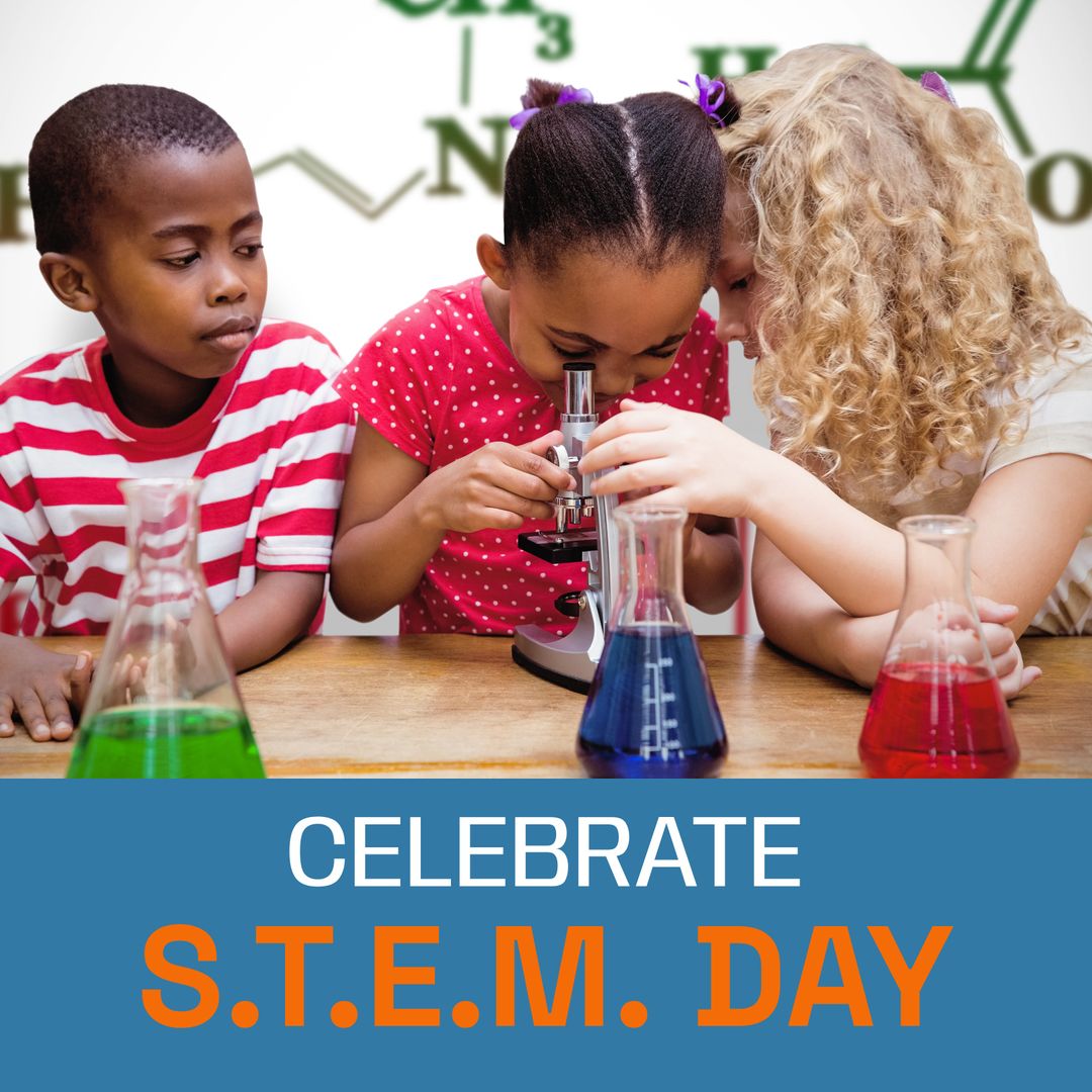 Diverse Children Celebrating STEM Day with Microscope and Flasks