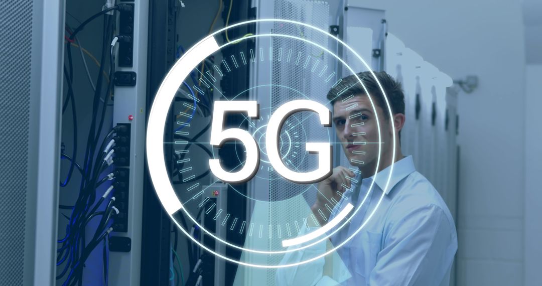 Technician Analyzing Server with Futuristic 5G Overlay