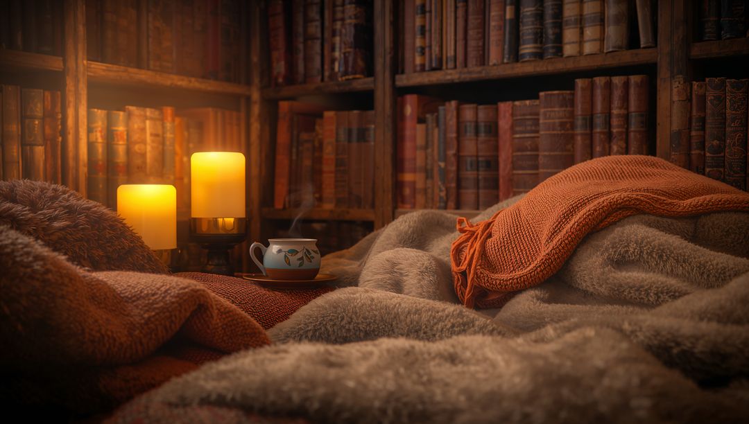 Cozy Nook with Blankets, Candles and Steaming Cup