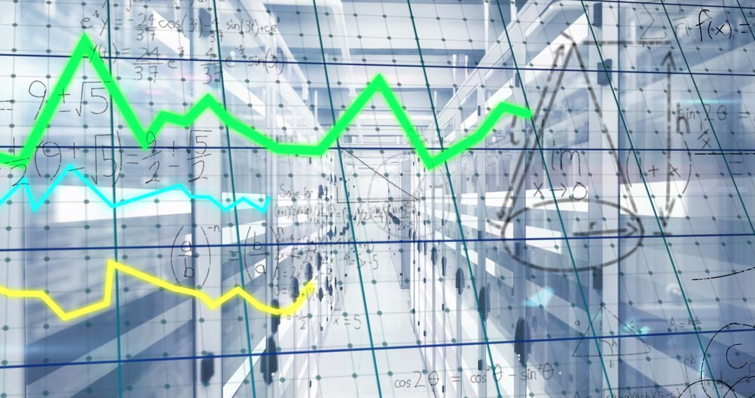 Futuristic Data Center with Graphs and Formulas Overlay