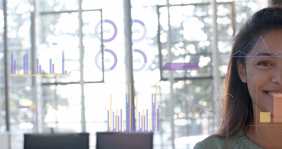 Half Portrait Smiling Businesswoman with Data Interface Overlay