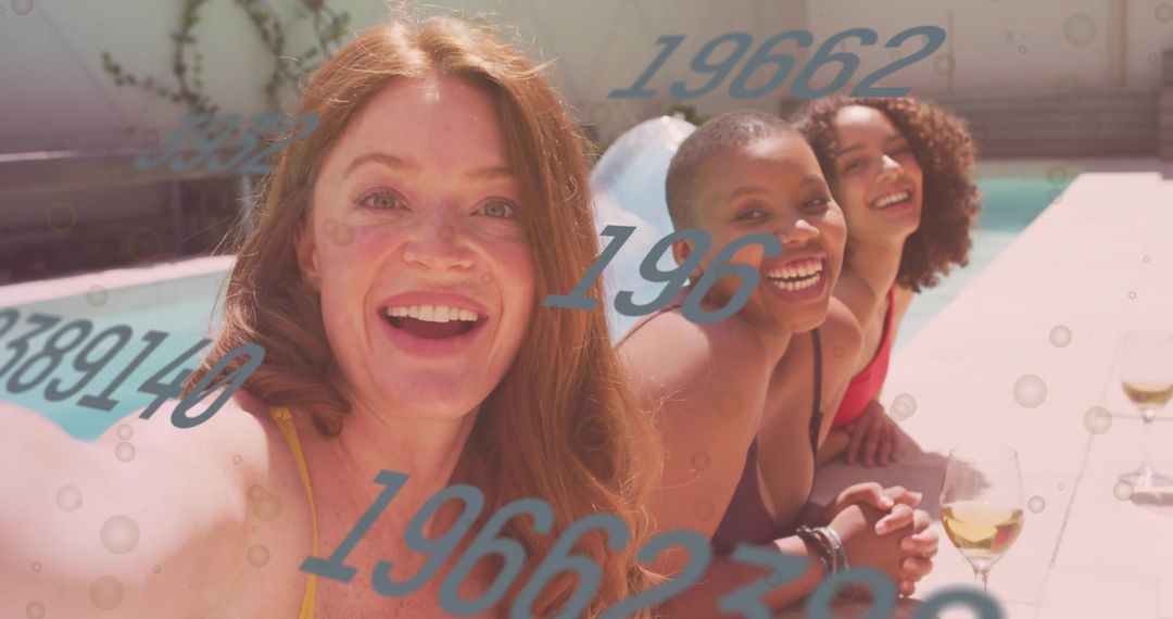 Smiling friends taking poolside selfie with playful blue data numbers overlay and wine