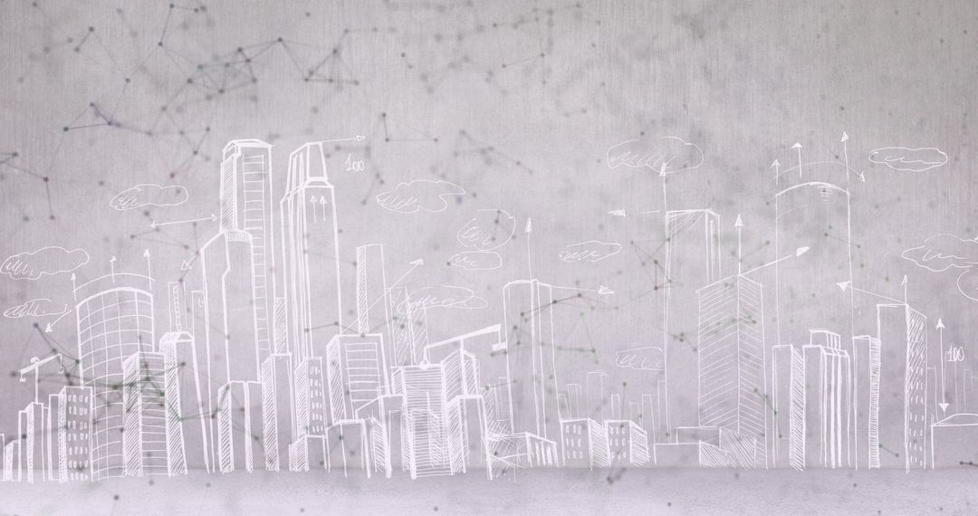 Digital Network Overlay with Sketched Cityscape on White Background