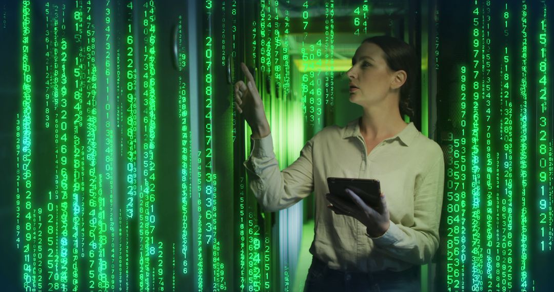 Caucasian Woman Navigating Binary Code in Server Room