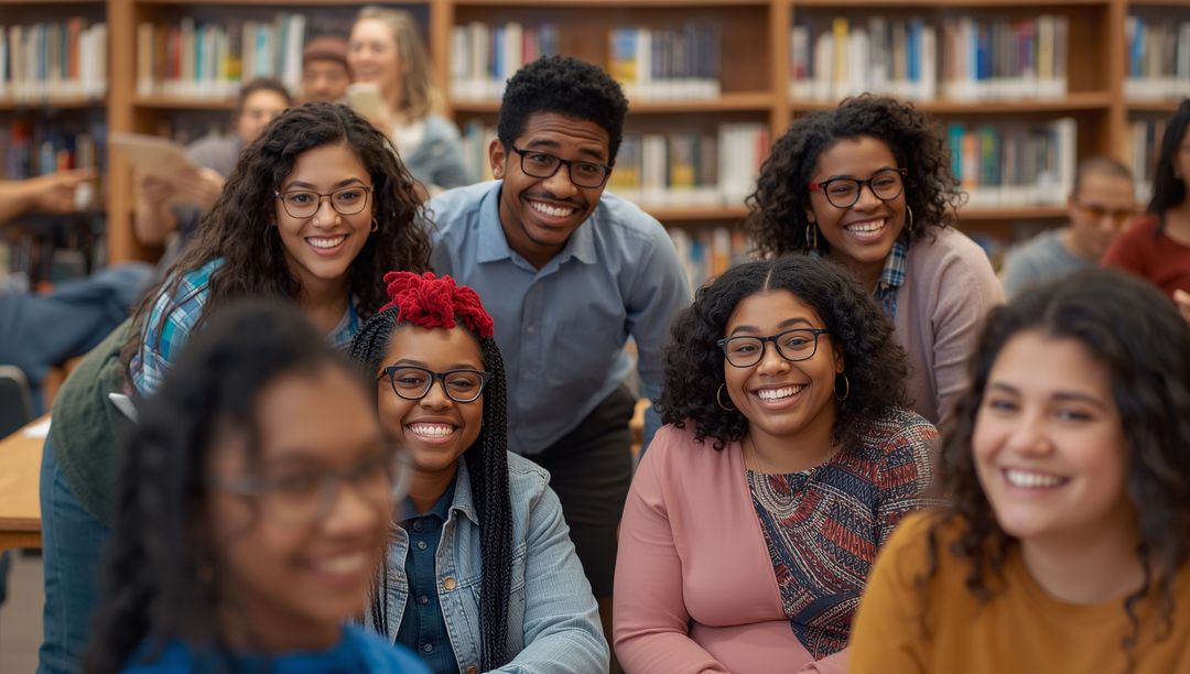 Smiling Adult Students Collaborating in Library Study Area