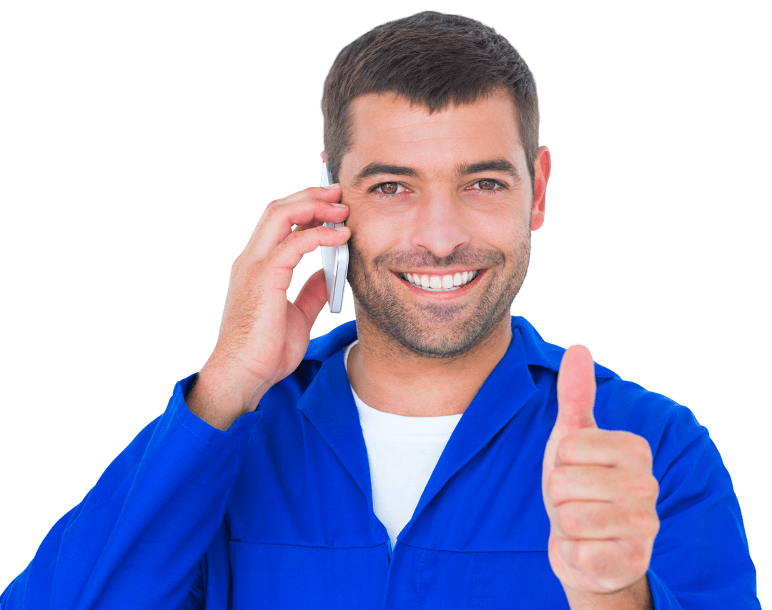 Transparent Happy Mechanic Calling on Phone Showing Approval