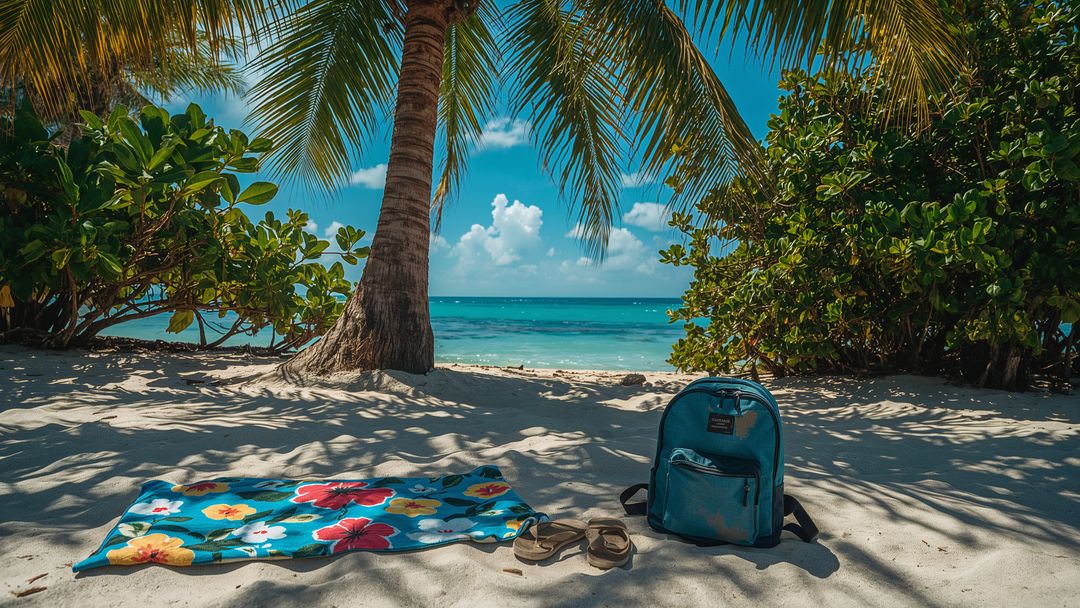 Relaxing Seashore Scene with Palm Trees and Backpack