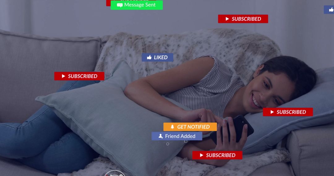 Young Woman Engaged with Social Media and Smartphone on Comfortable Sofa