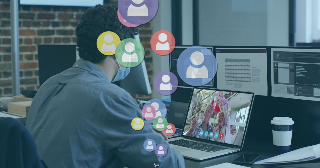 Man Using Laptop for Video Call with Social Media Icons Overlay