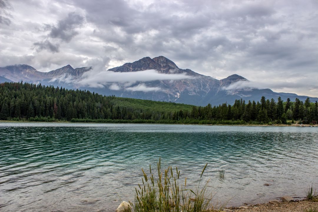 Serene Mountain Lake with Evergreen Forest and Cloudy Sky - Free Images, Stock Photos and Pictures on Pikwizard.com