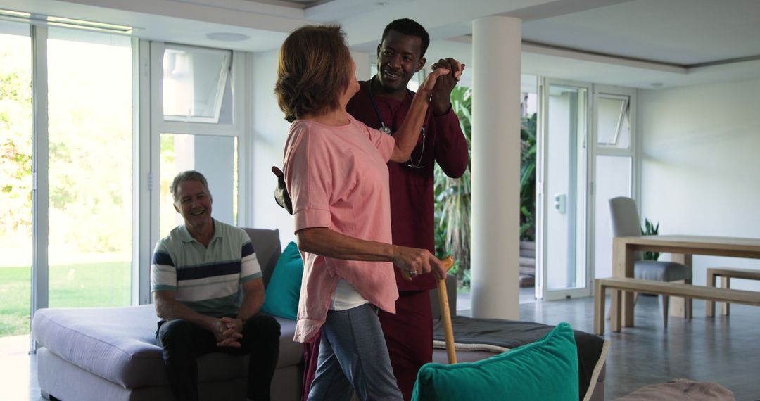Senior woman using cane assisted in home environment