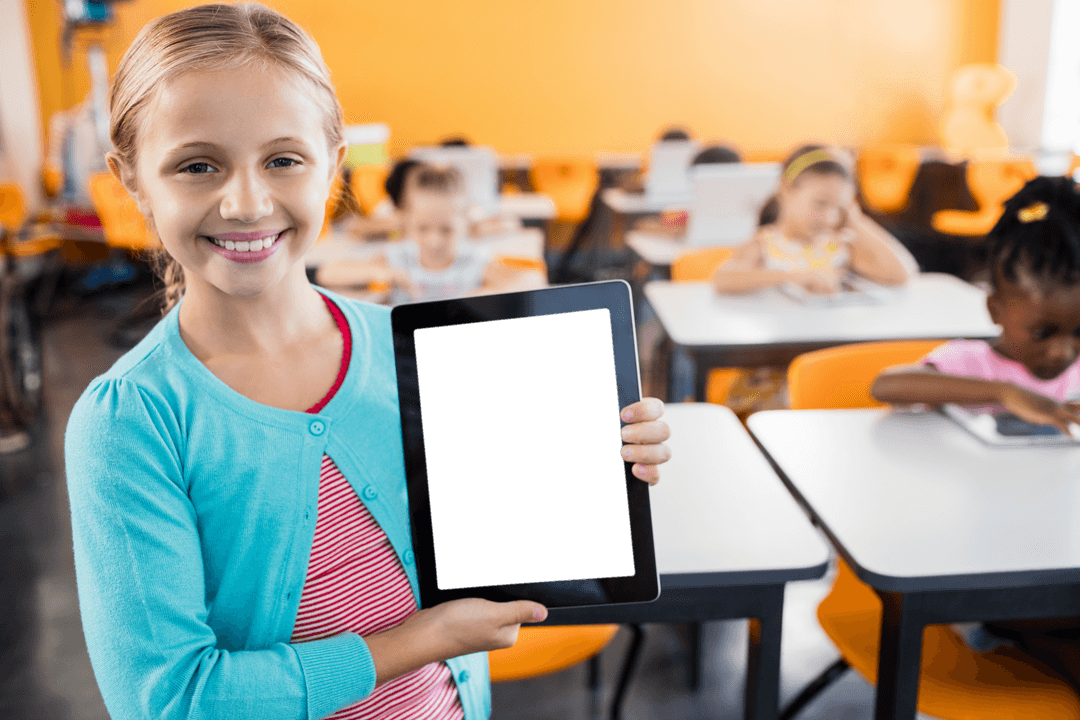 Young Student Holding Transparent Tablet with Blank Screen
