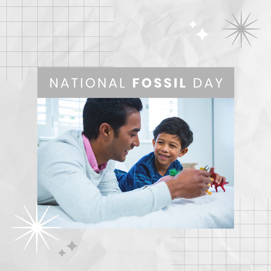 Father and Son Playing with Dinosaur Toys on National Fossil Day