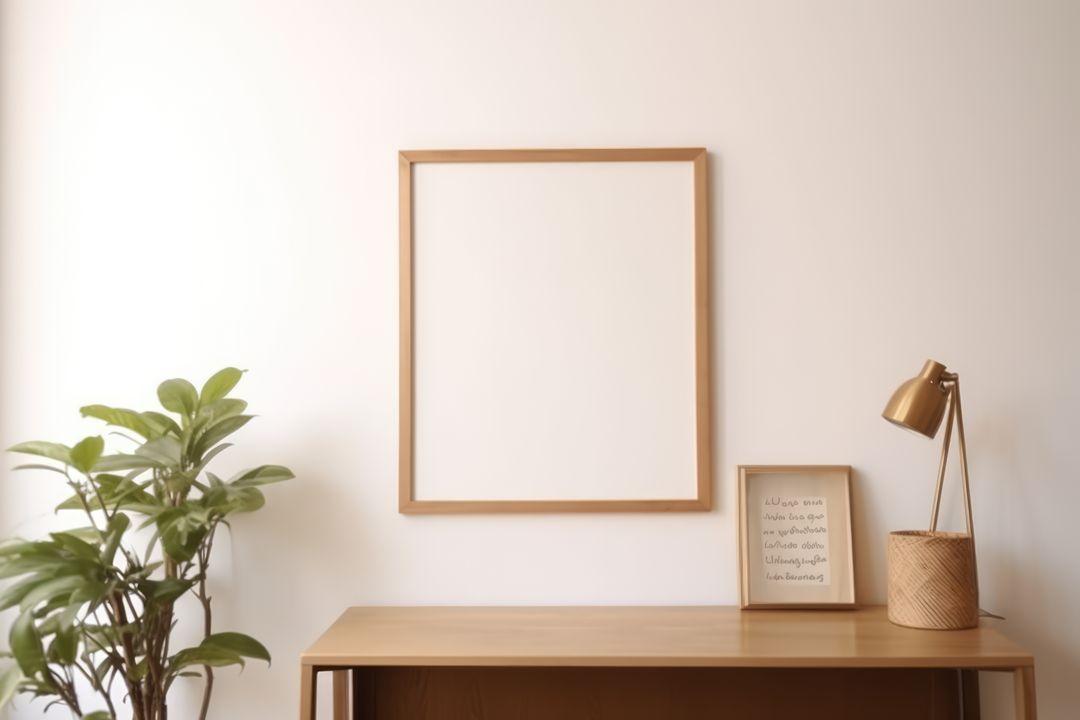 Minimalist Workspace with Empty Frame and Gold Lamp - Free Images, Stock Photos and Pictures on Pikwizard.com