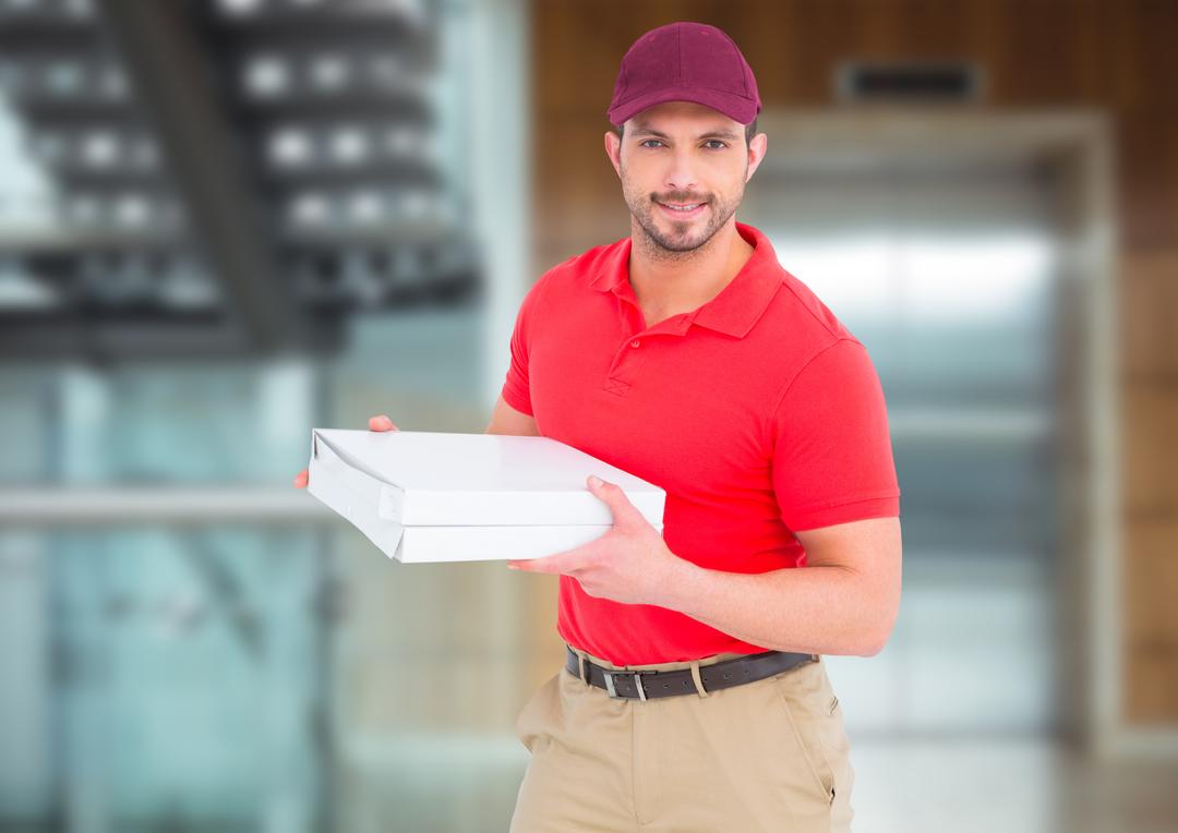 Pizza Deliveryman Holding Boxes Front Elevator - Free Images, Stock Photos and Pictures on Pikwizard.com
