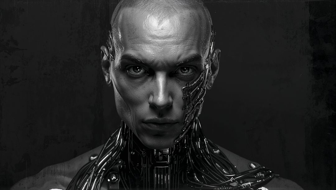 Staring Cybernetic Android Portrait Showing Exposed Metallic Plating and Intricate Wiring
