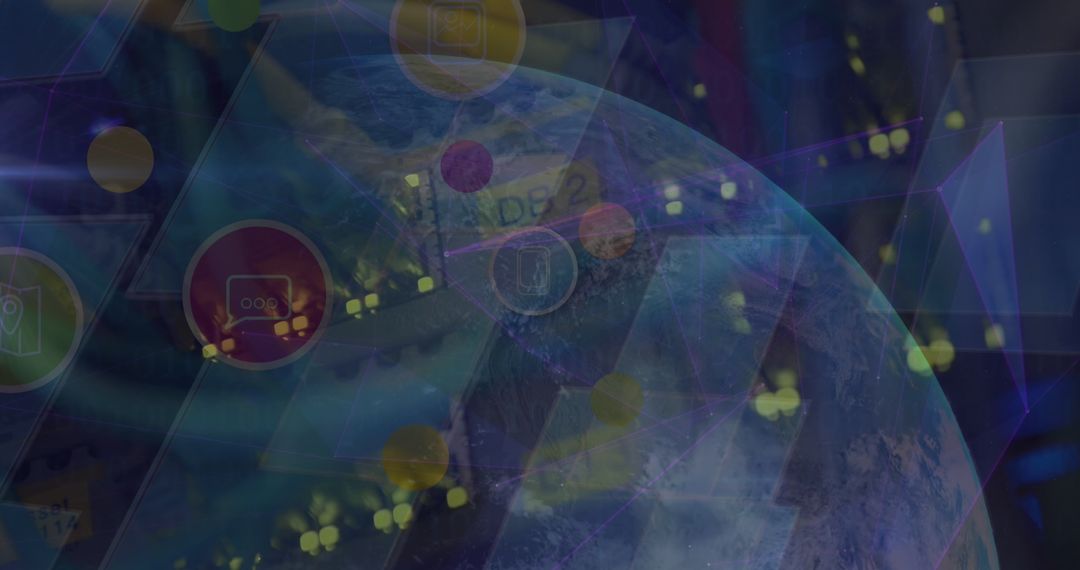 Futuristic Globe with Icons and Hexagonal Panels in Digital Cyberspace