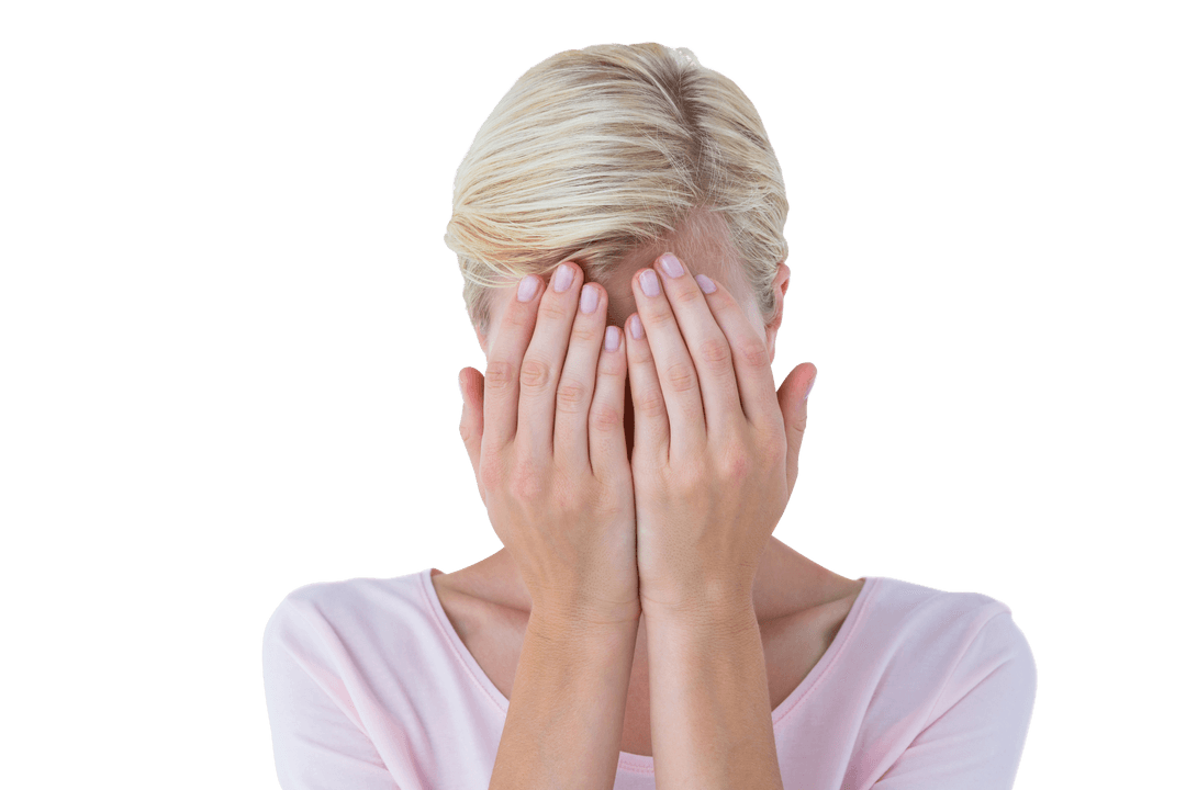 Transparent Background of Shy Woman Covering Face with Hands