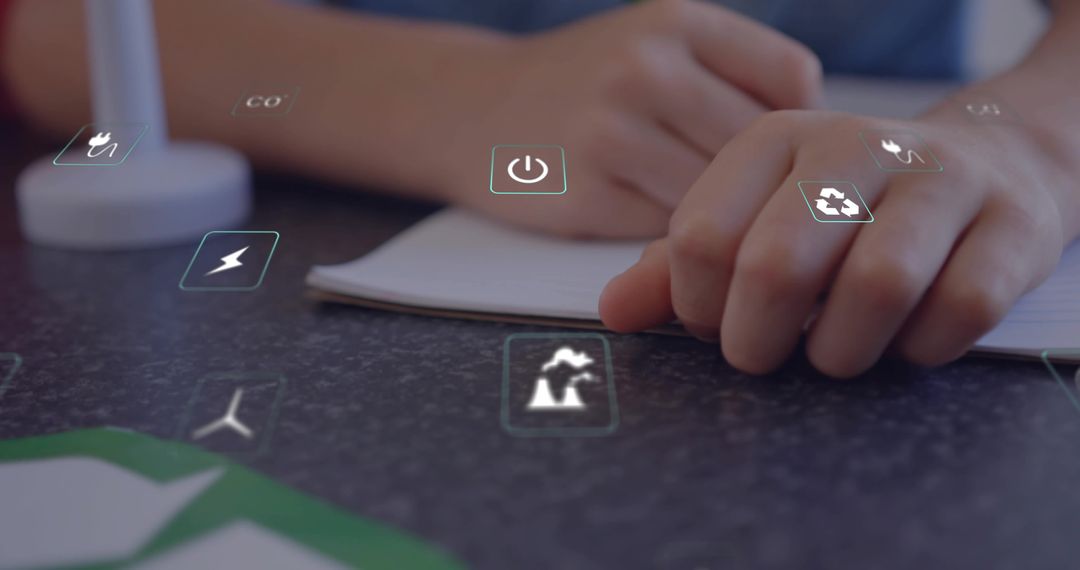 Children writing in notebook with glowing holographic energy icons, studying sustainable power