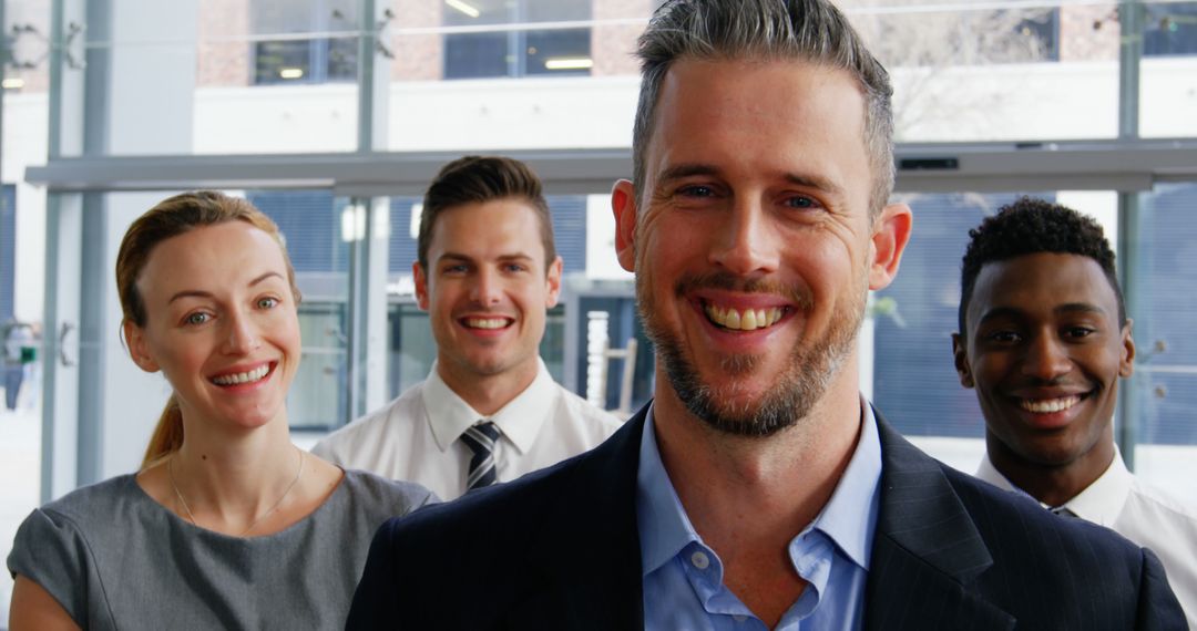 Confident Business Team Smiling in Modern Office