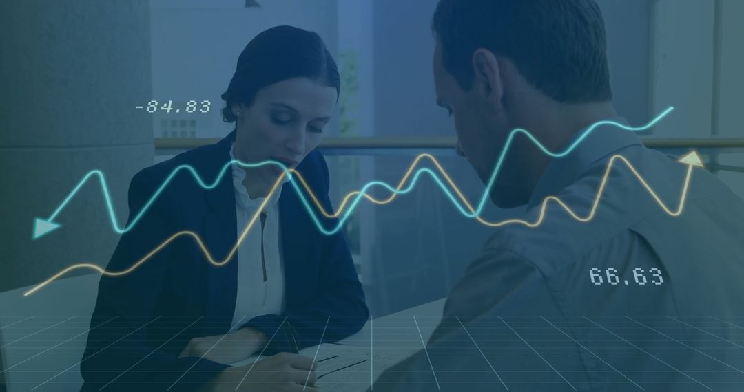 Business Professionals Analyzing Document with Digital Graph Overlay