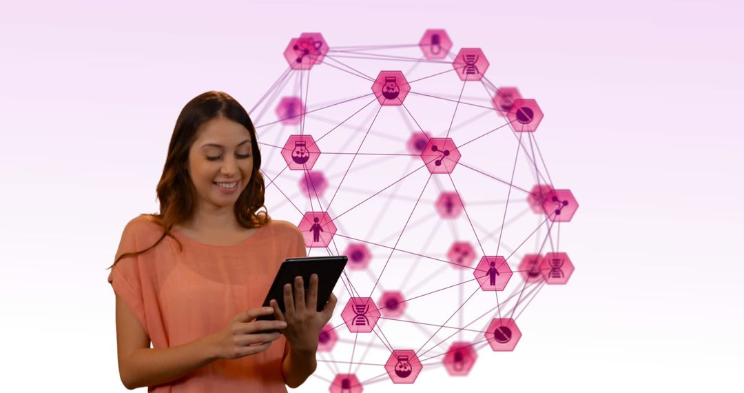 Smiling Woman Using Tablet with Digital Network Background
