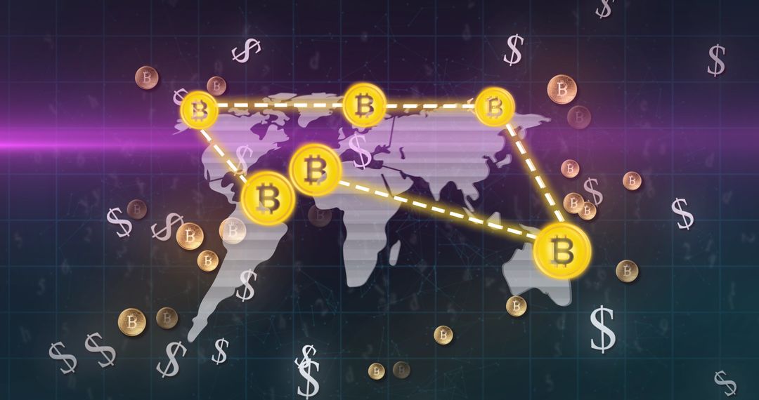 Cryptocurrency Global Network Visualization with Bitcoin Symbols