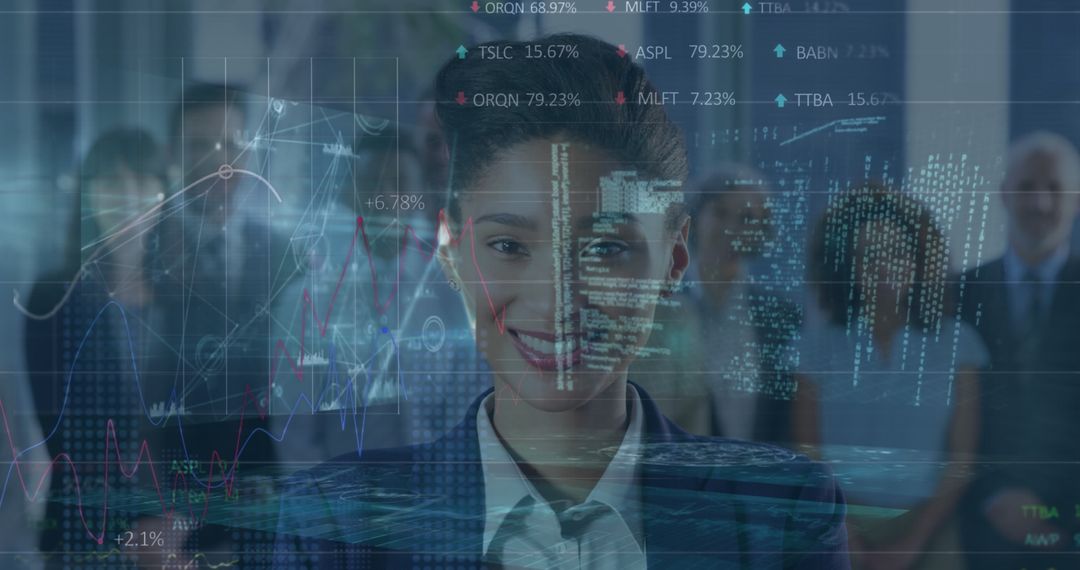 Smiling Business Professionals with Digital Stock Market Overlay