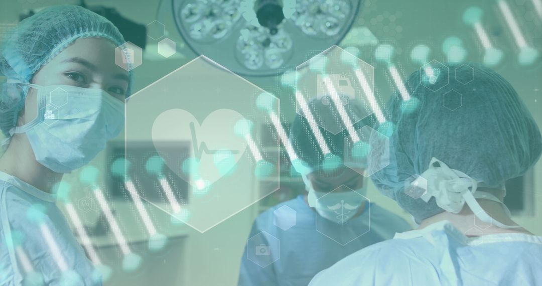 Surgeons in Operation with Digital DNA and Health Icons Overlay
