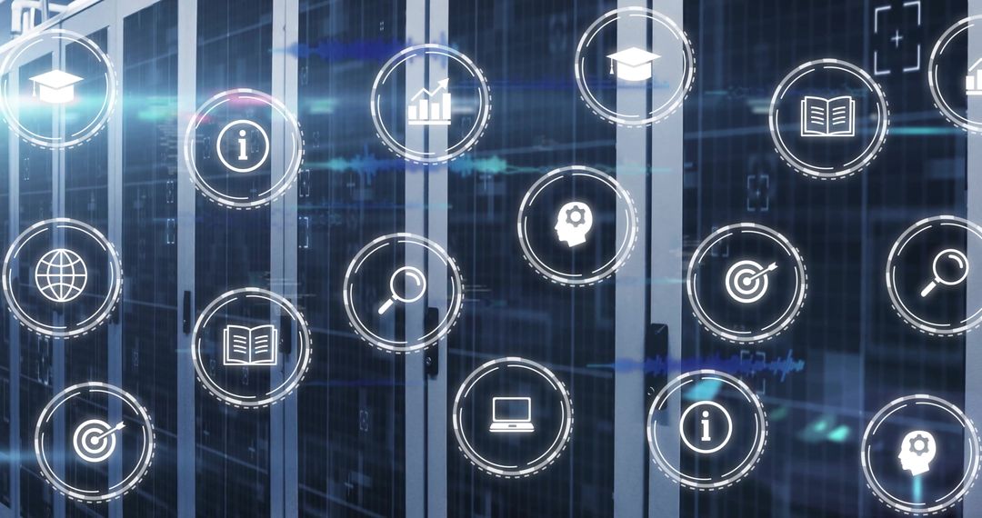 Digital Interface Icons Over Modern Server Room