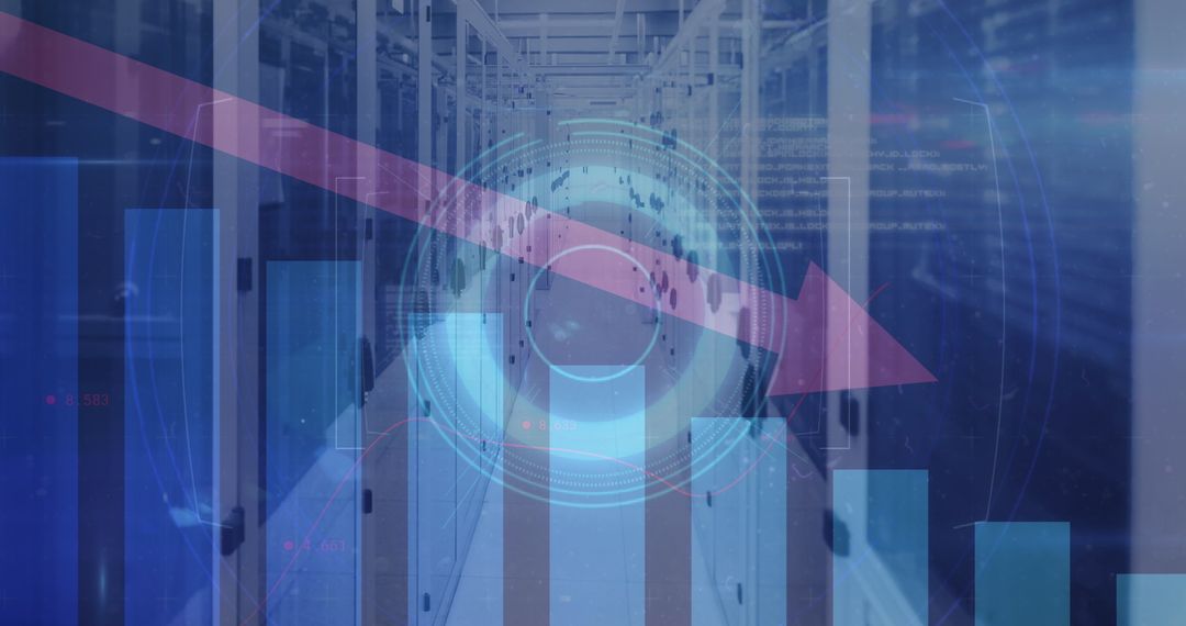 Financial Decline Represented by Red Arrow Over Computer Servers