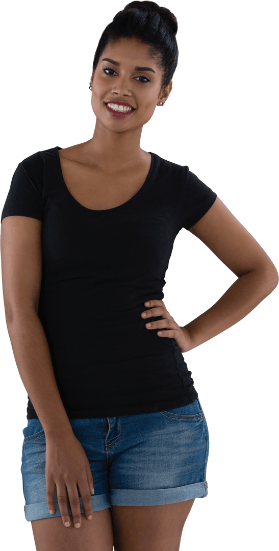 Cheerful Woman in Black Top on White Background Transparent