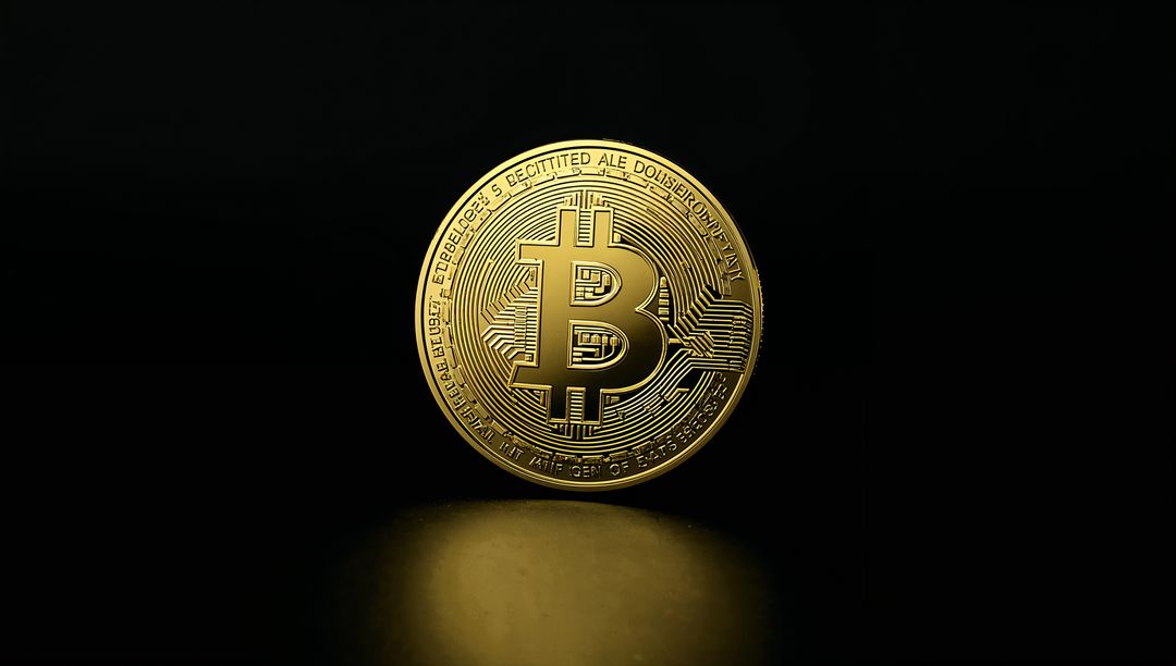 Gold Bitcoin Token Standing on Glossy Black Surface Reflecting Circuit Detail