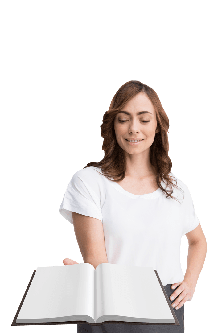 Transparent Happy Woman Presenting Open Book